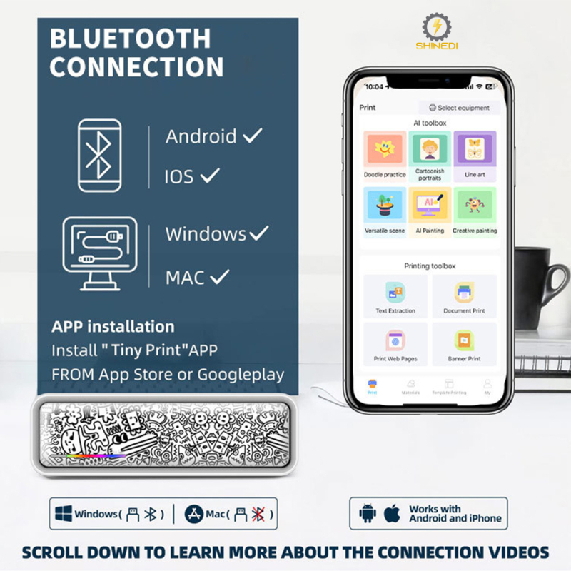 Máy in nhiệt A4 mini bluetooth X9 SHINEDI scan được hình xăm sạc pin kết nối điện thoại, máy tính nhỏ gọn dễ mang theo