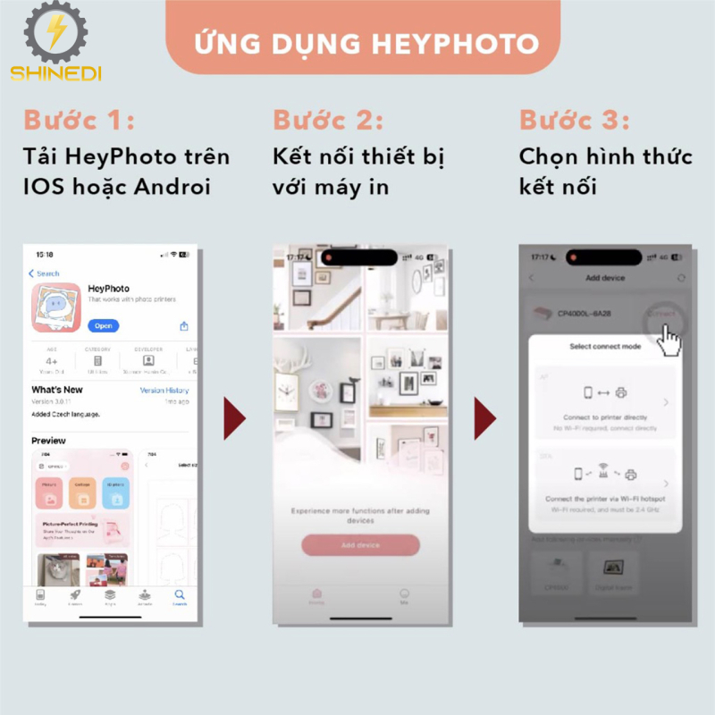 Máy in ảnh màu CP4100 SHINEDI  in ảnh chuyên nghiệp kết nối Bluetooth in từ điện thoại di động, hỗ trợ nhiều kích thước.